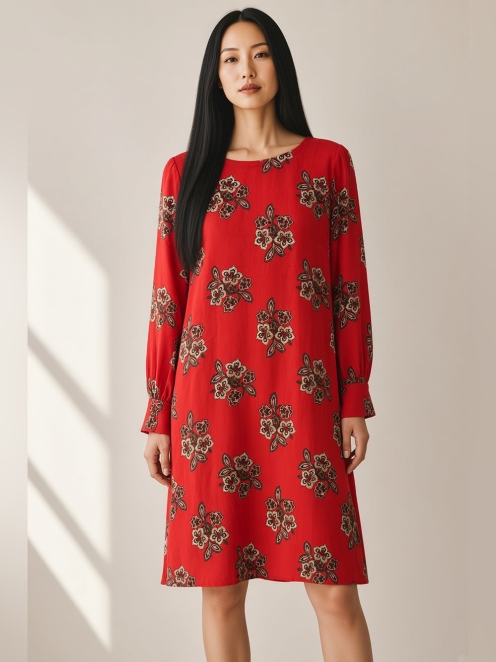 LOFT Red Floral Long-Sleeve Shift Dress